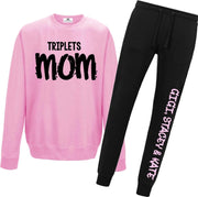 Joggingpak dames-Triplets mom met namen op de joggingbroek-drieling-roze-zwart-Maat Xl