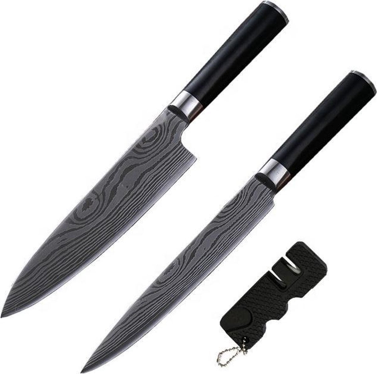 Mastersøn - Professionele Japanse Messenset - Koksmes & Vleesmes - RVS - Vlijmscherp - Keuken - 67 Lagen - 58-60HC - Carbon - Damastmes - Damascus - Damascuspatroon - Met Messenslijper