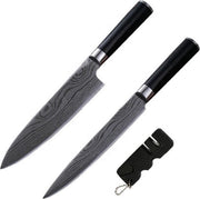 Mastersøn - Professionele Japanse Messenset - Koksmes & Vleesmes - RVS - Vlijmscherp - Keuken - 67 Lagen - 58-60HC - Carbon - Damastmes - Damascus - Damascuspatroon - Met Messenslijper