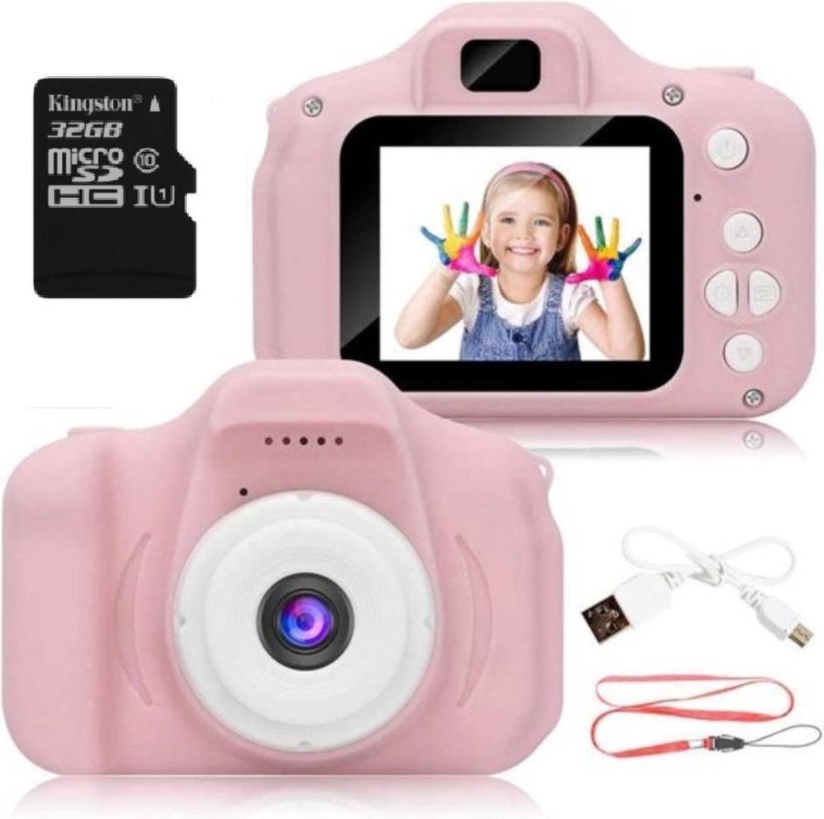 Digitale kindercamera roze / met videofunctie / incl. handig keycord / incl. Kingston 32GB MicroSD kaart
