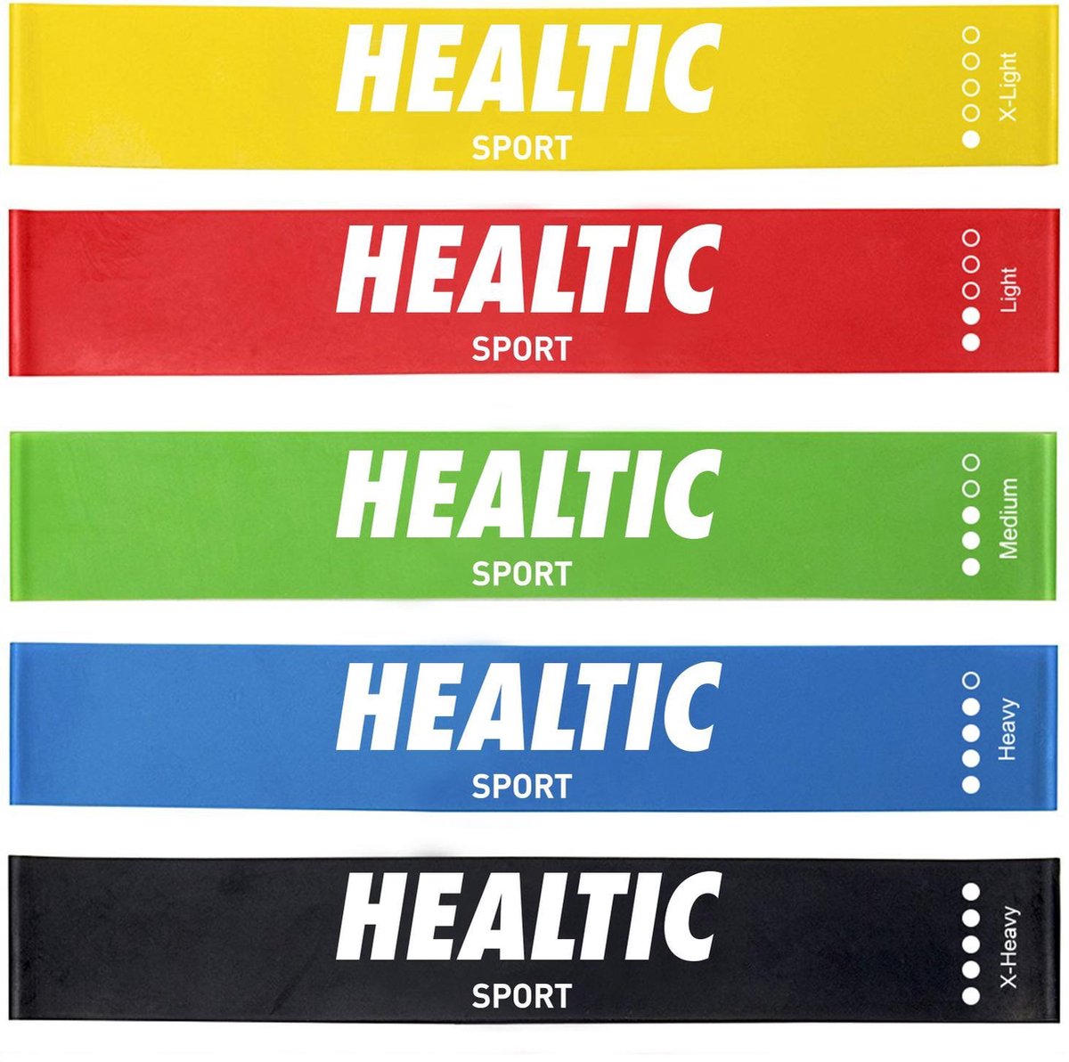 Healtic - Weerstandsbanden Set - 5 stuks - Met eBook & Handleiding - Speciale vrouwen set - elastiek band fitness - Fitness Elastieken Fitnessbanden 