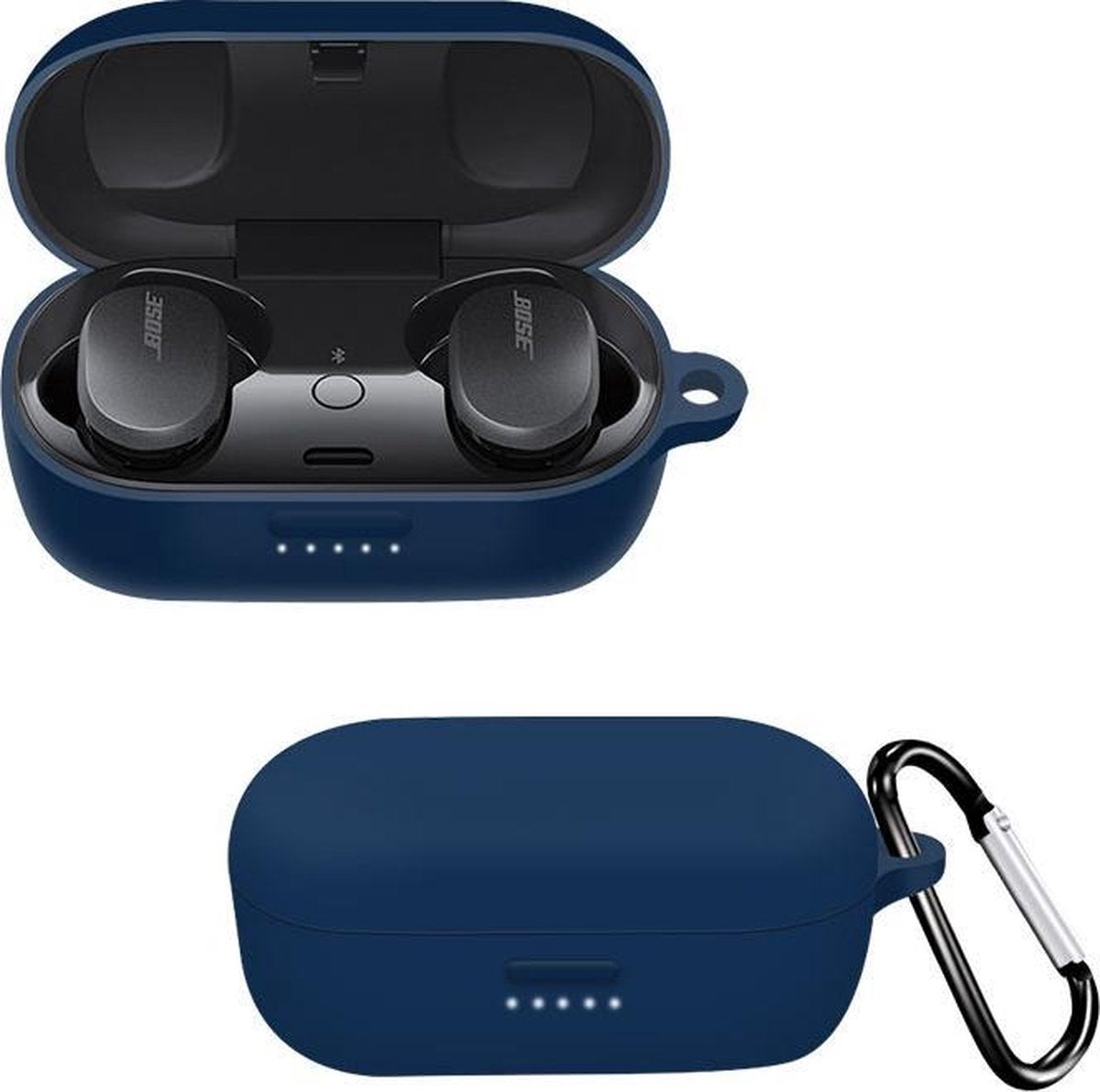 Luxe Siliconen Hoesje Voor Bose QuietComfort Earbuds Draadloze Oordopjes - Soft Case Cover Protector - Travel Beschermhoes - Reis Opberghoes Shell Beschermer Hoes - Met Musketon Haakje - Blauw