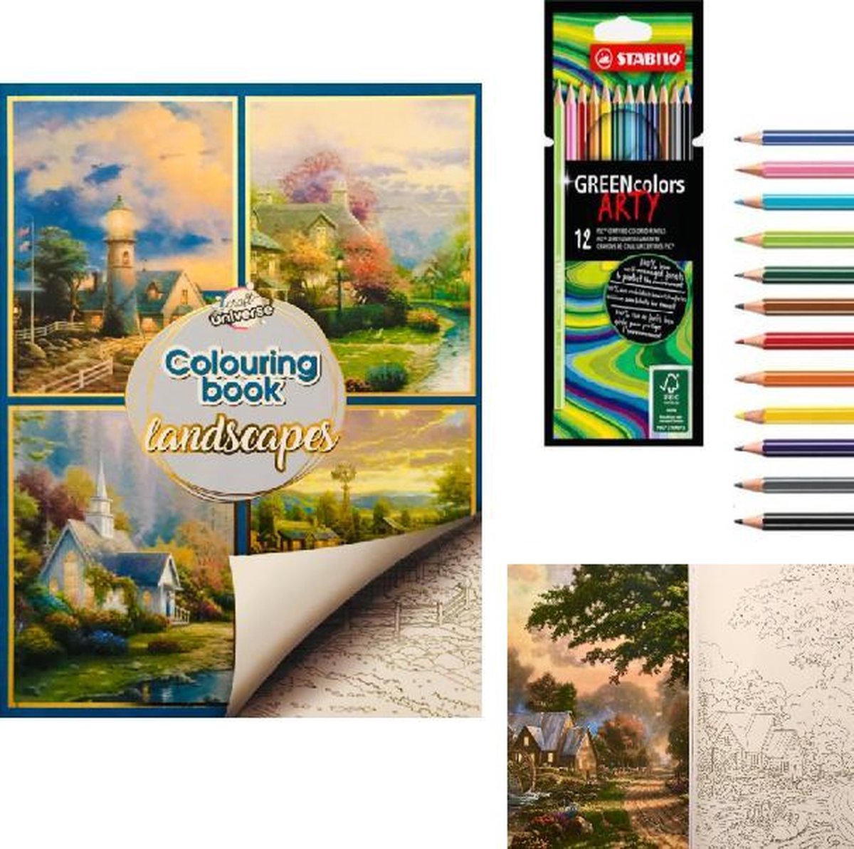 Kleurboek voor volwassen ''Landschap 1'' A4 formaat+ 12 STABILO kleurpotloden - Kleurboek voor volwassenen - Potloden volwassenen - Kleurpotloden - Stiften - Kleurboek voor volwassenen