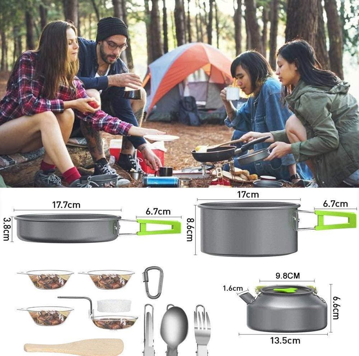 HN®  Camping Steelpan Set gemaakt van roestvrij staal | Kookuitrusting | pot en pan gemaakt van aluminium en roestvrij staal | voor 2-3 personen