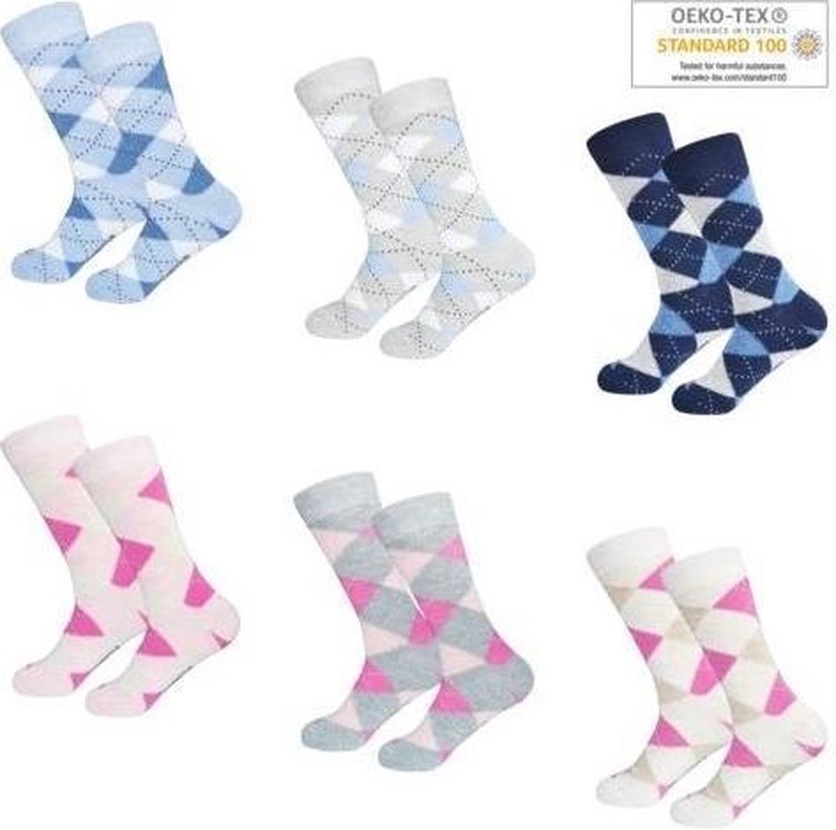 GIANVAGLIA DAMES SOKKEN KATOEN/LICHTBLAUW/GRIJS/MARINE BLAUW/ROZE/BEIGE/12 PAAR/MULTIPACK/ARGYLE/GERUIT/MAAT 35-38