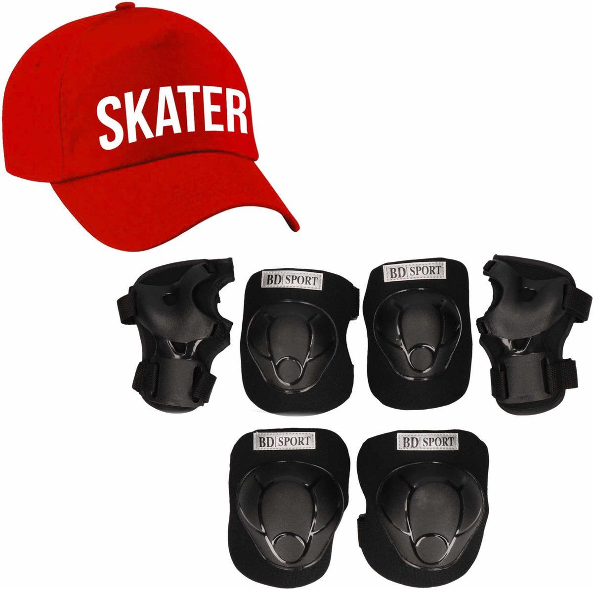 Set van valbescherming voor kinderen maat  M / 6 tot 8 jaar met een stoere SKATER pet rood