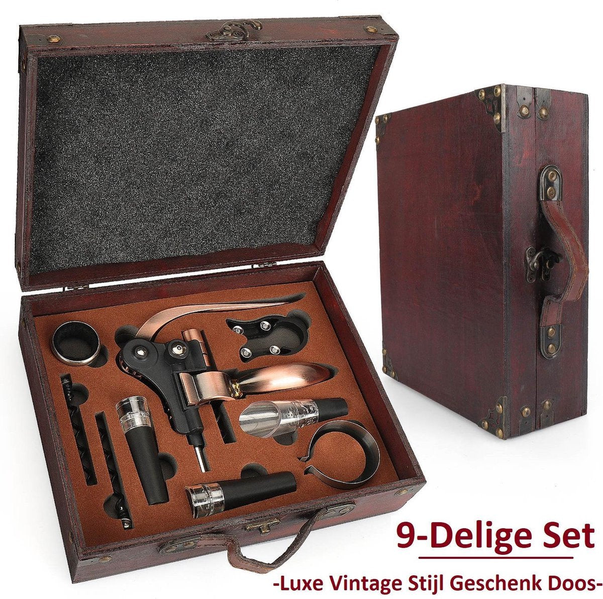 Luxe Kurkentrekker Set - Wijnopener - Flesopener - Wijn Accessoires 9 in 1 - Wijntopper - Wijnpomp - Vintage Stijl - Cadeautip