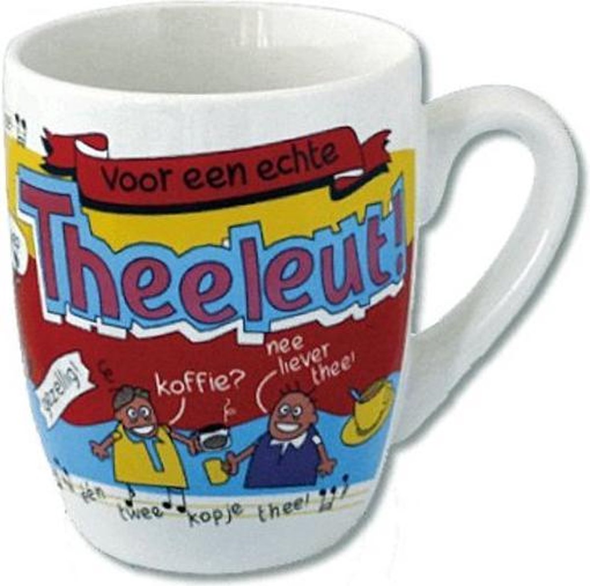 Mok - Cartoon Mok - Voor een echte Theeleut - Gevuld met een toffeemix - In cadeauverpakking met gekleurd lint