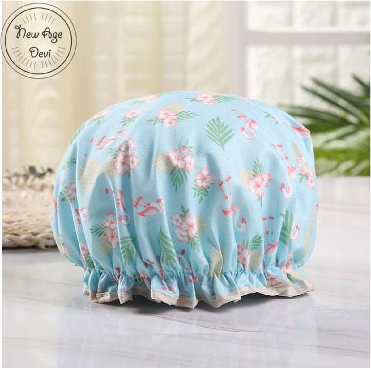 New Age Devi - Dikke 1 Stuks Douche muts - Shower Cap - Light Blue and pink Flamingo - Licht Blauw Waterdicht - BadMuts - Dubbele Laag - Haar Cover - Haar Bedekking - Vrouwen DoucheCap - Badkamer Accesoire