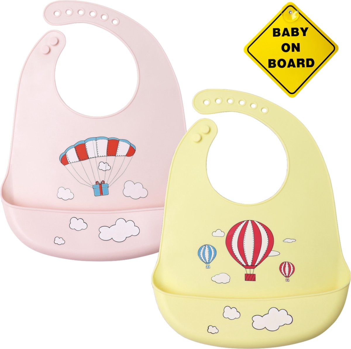 Flouer Siliconen Slabbetje Baby - 2 Stuks - Inclusief Baby on Board Sticker - Roze en Geel