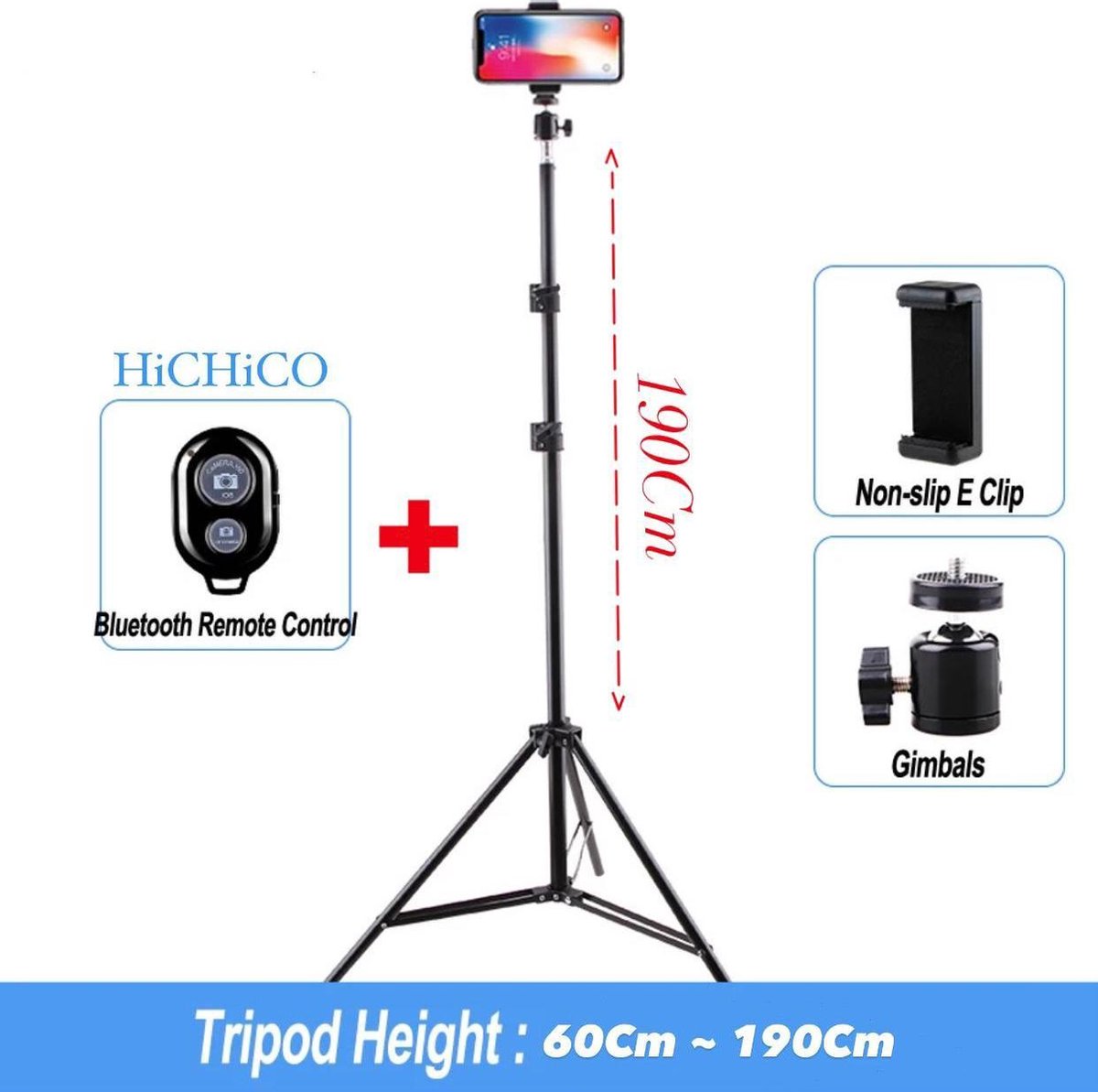 Camerastatief - Tripod - Smartphone Statief 190Cm Voor Fotocamera en Smartphone - iPhone - Canon – Nikon - Spiegelreflexcamera Inclusief Bluetooth Remote Shutter