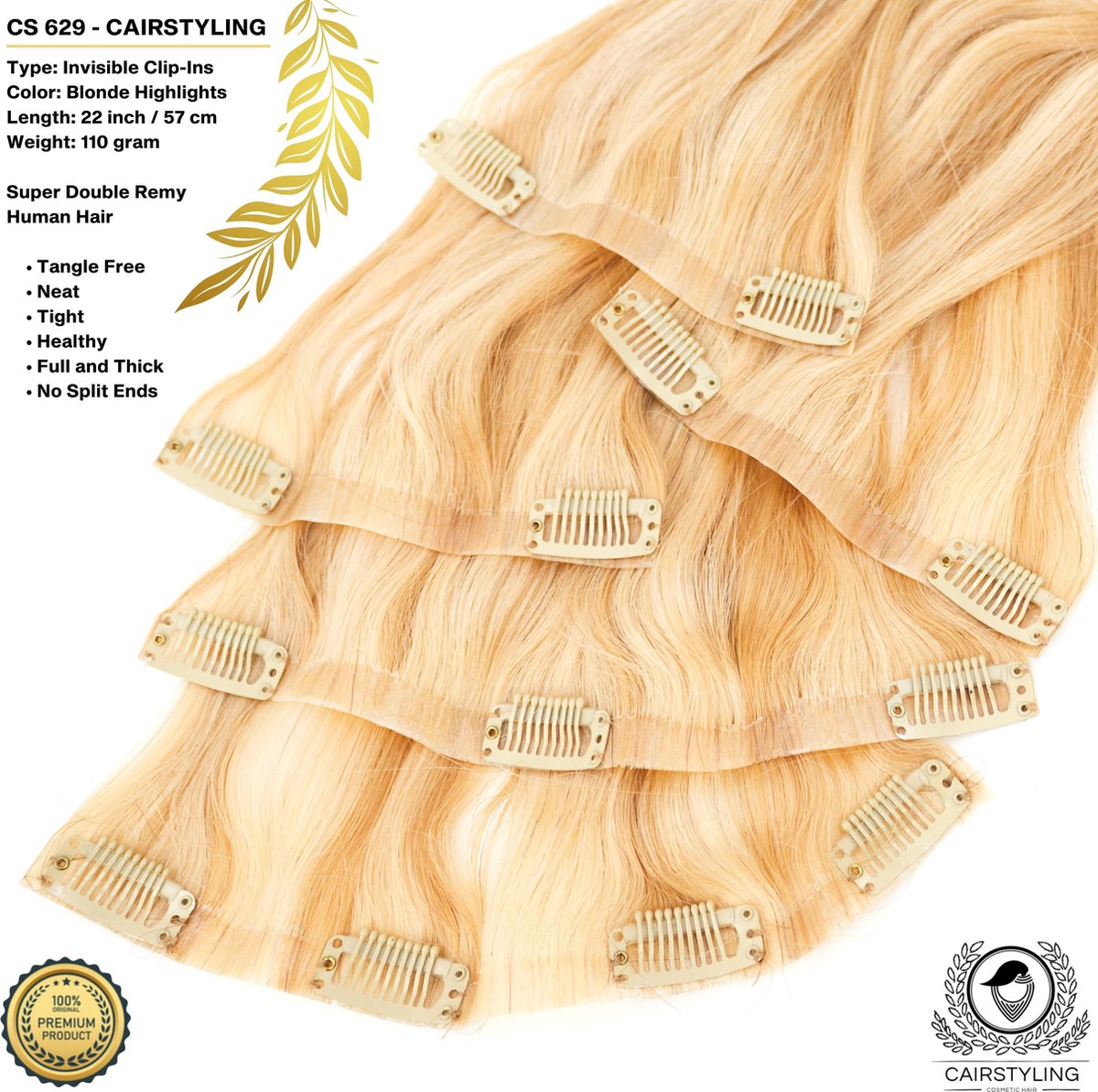CAIRSTYLING CS629 Super Double INVISIBLE Clip-Ins Human Hair Blonde Highlights Remy Extensions - 110 Gram 22 Inch / 57 CM Lengte - Trending Onzichtbare Band Haaraanzet - New 2021