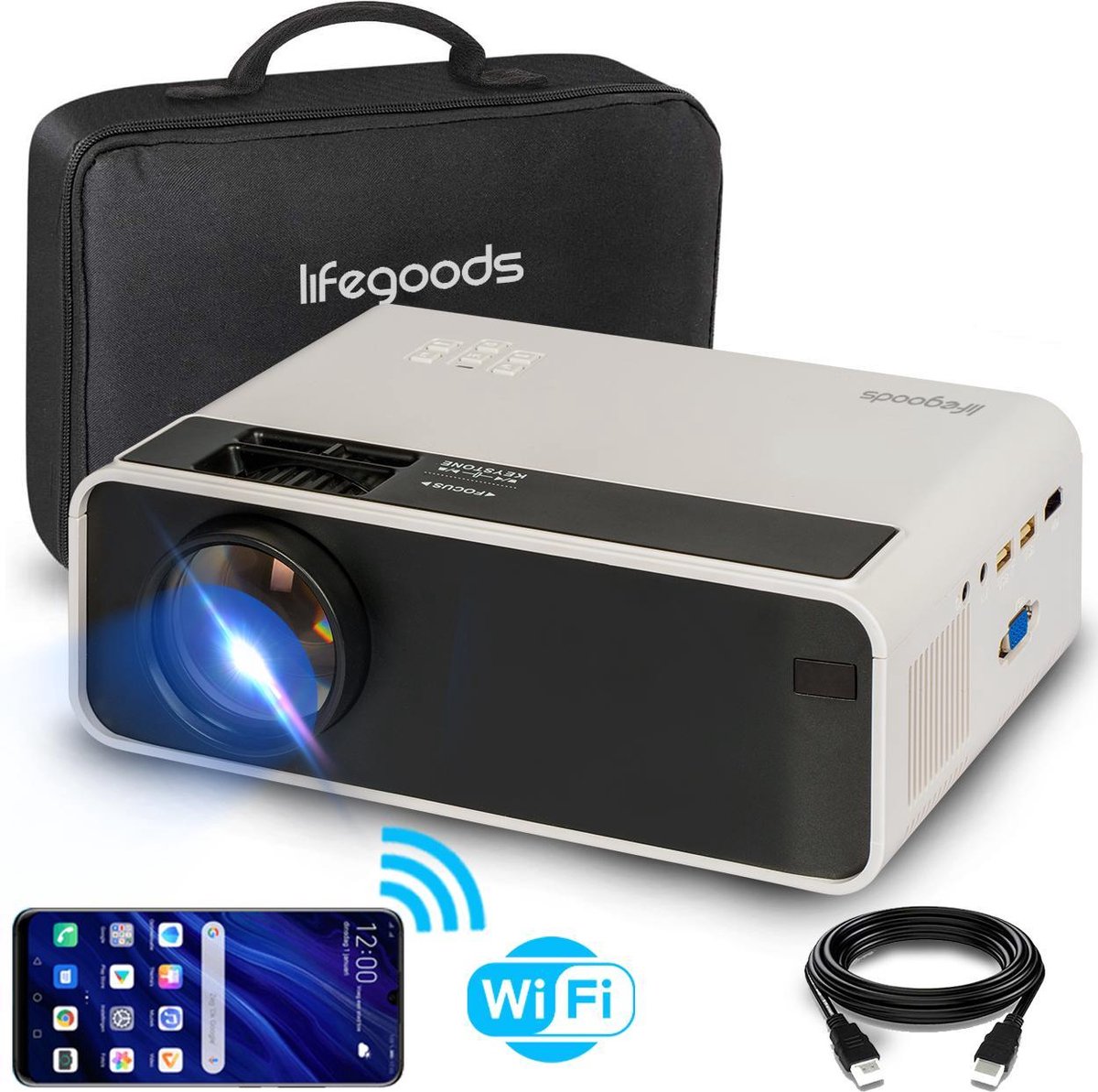 LifeGoods Mini Beamer - WiFi Connect - 200" Projectie - Input tot Full HD - HDMI Kabel