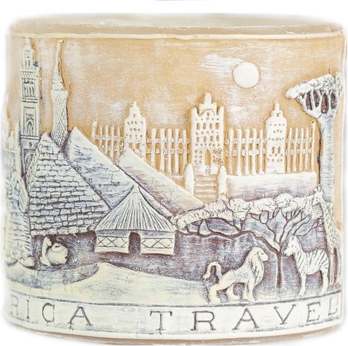 Rond beige Africa travel wax windlicht 95/100 (incl. 1 stuk 3 uurs theelicht)