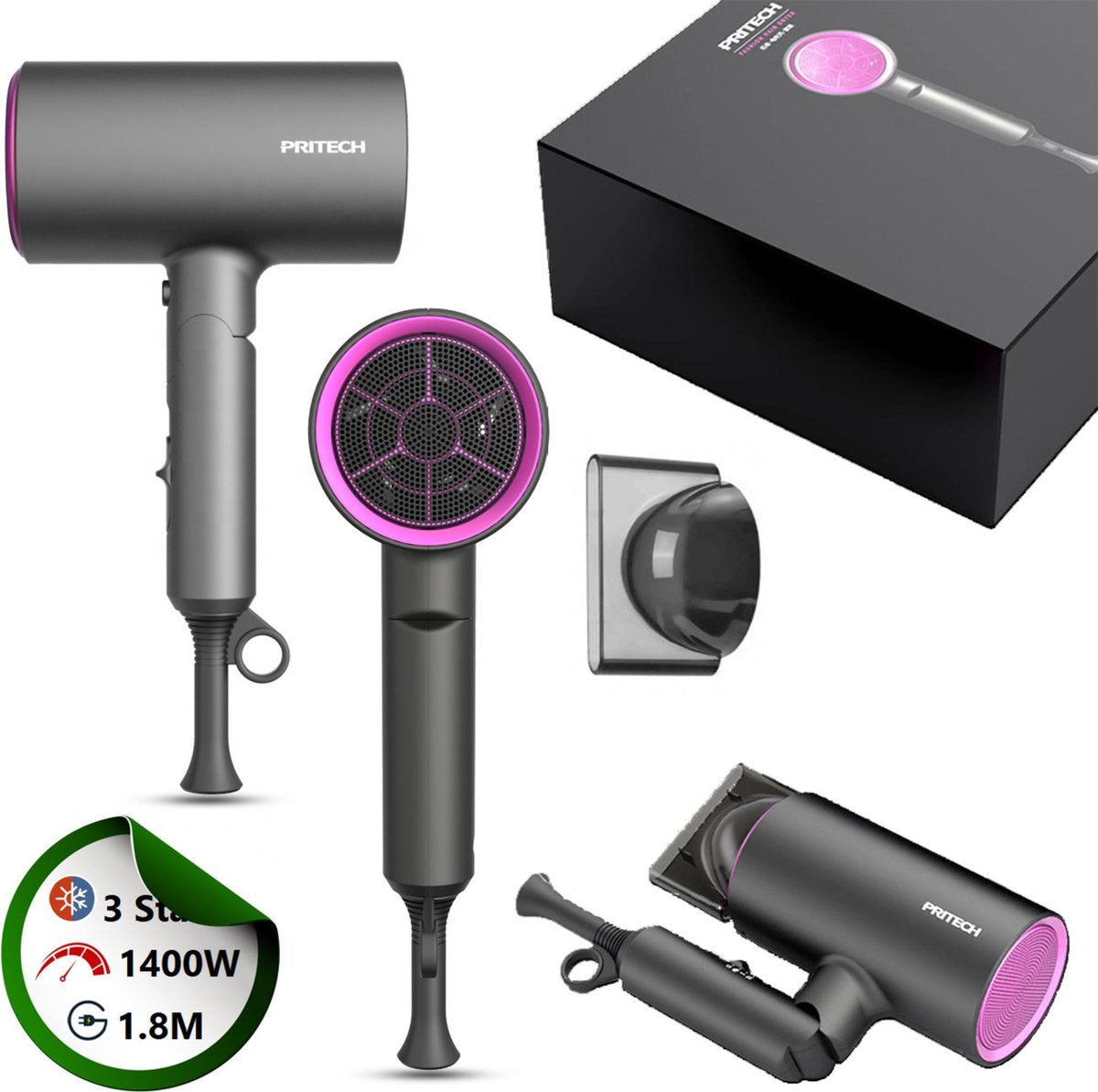 PRI TECH -- Professionele Fohn met Diffuser – Föhn -- Haardroger 1400W – Antraciet/Roze