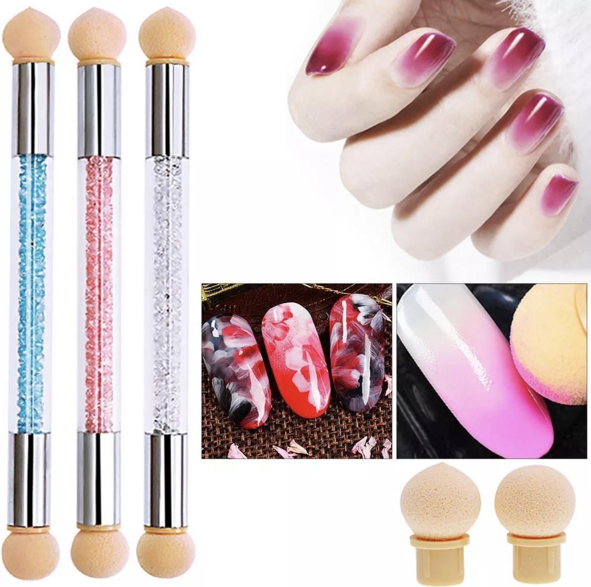 GUAPÀ - Nail Art Spons Stempel Penseel voor het maken van Babyboom en Holografisch effecten op je nagels - 3 stuks Roze