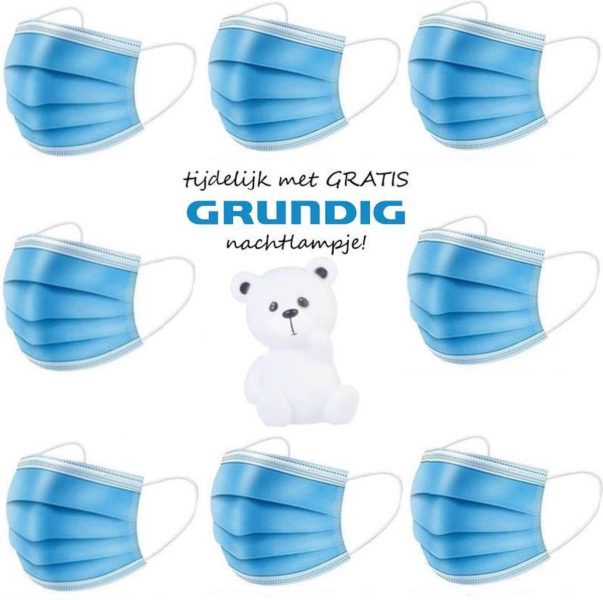 Kinder Wegwerp Mondkapjes | Blauw | 50 Stuks | Per 10 verpakt  | Tijdelijk met gratis Beer Nachtlampje | 14.5 x 9 CM | CE Goedgekeurd