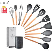 Keukengerei set 12 Delig - Met Houder - Keukengerei houder set - Hout handvatten - Silicone kop - Kookgerei met lepel houder - Keuken organizers - keukenaccessoires