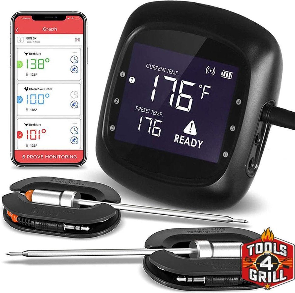 Tools4grill draadloze bluetooth vlees - BBQ - thermometer 2 probes / meet sondes