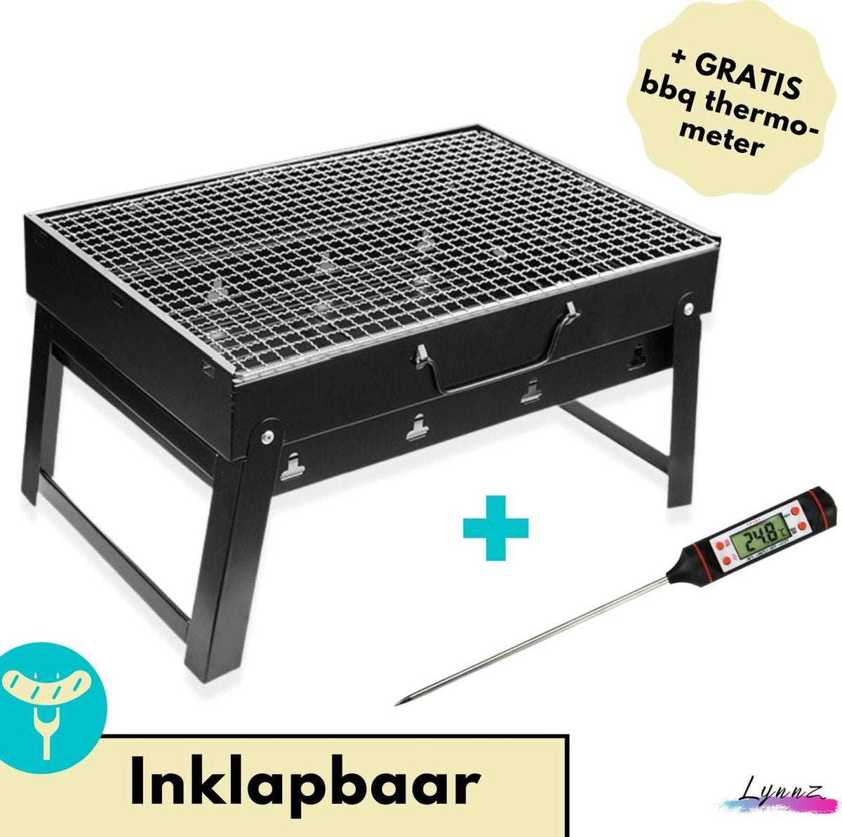 Lynnz® Draagbare tafel BBQ met GRATIS thermometer - voor op balkon of camping - houtskool barbecue -  tafelbarbecue - barbeque - mini bbq - grill