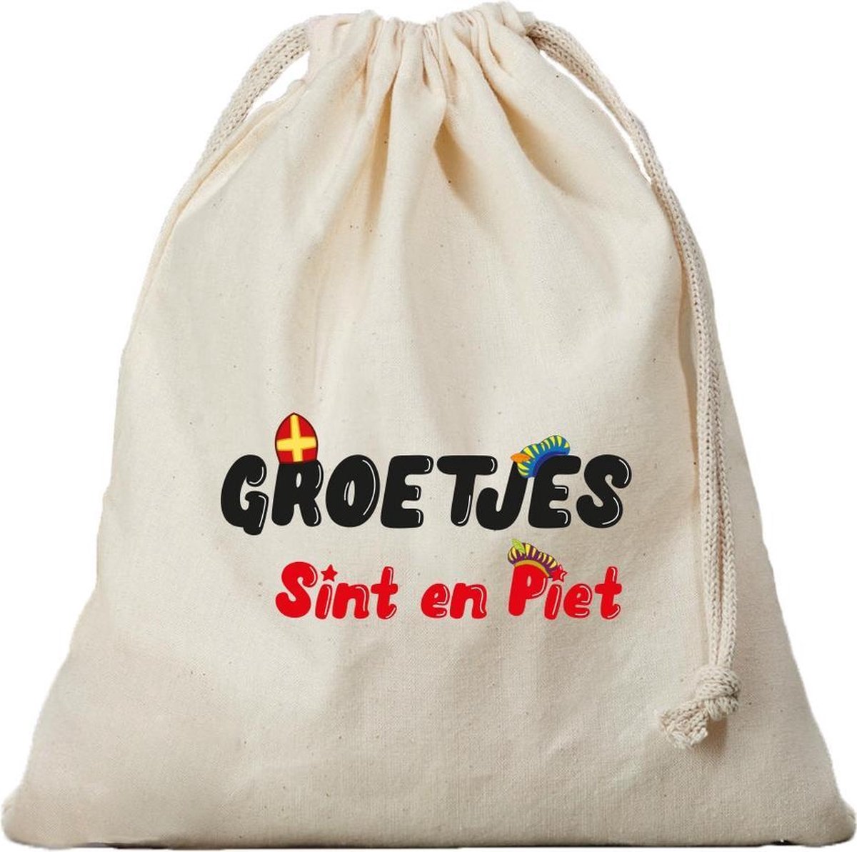 1x Groetjes van Sint en Piet cadeauzakje met sluitkoord - katoenen / jute zak - Sinterklaas kadozak voor pakjesavond