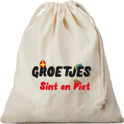 1x Groetjes van Sint en Piet cadeauzakje met sluitkoord - katoenen / jute zak - Sinterklaas kadozak voor pakjesavond
