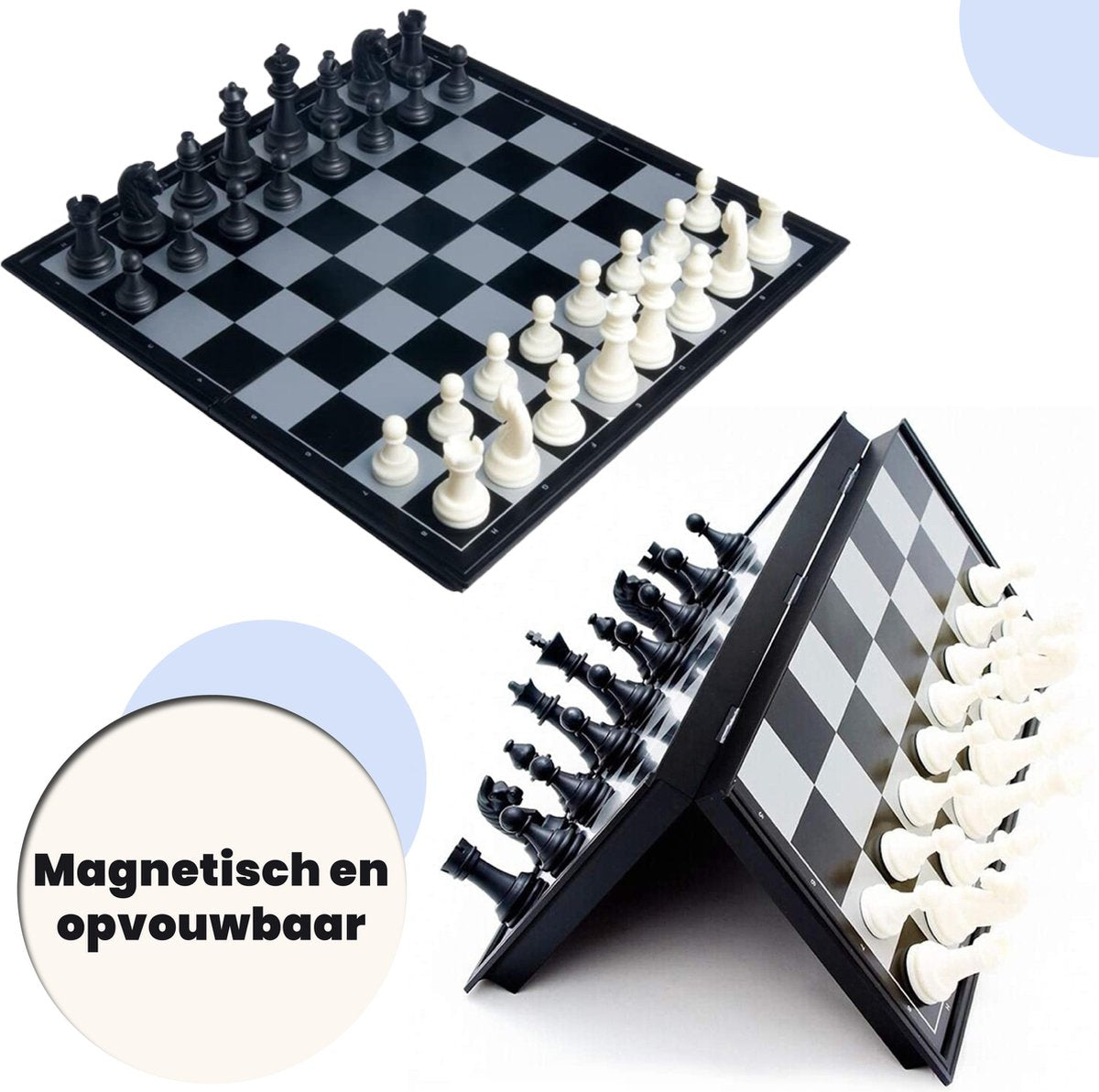 Activ24™ - Schaakspel 25x25 cm – met zwarte & witte schaakstukken – opvouwbaar magnetisch schaakset schaakbord schaken