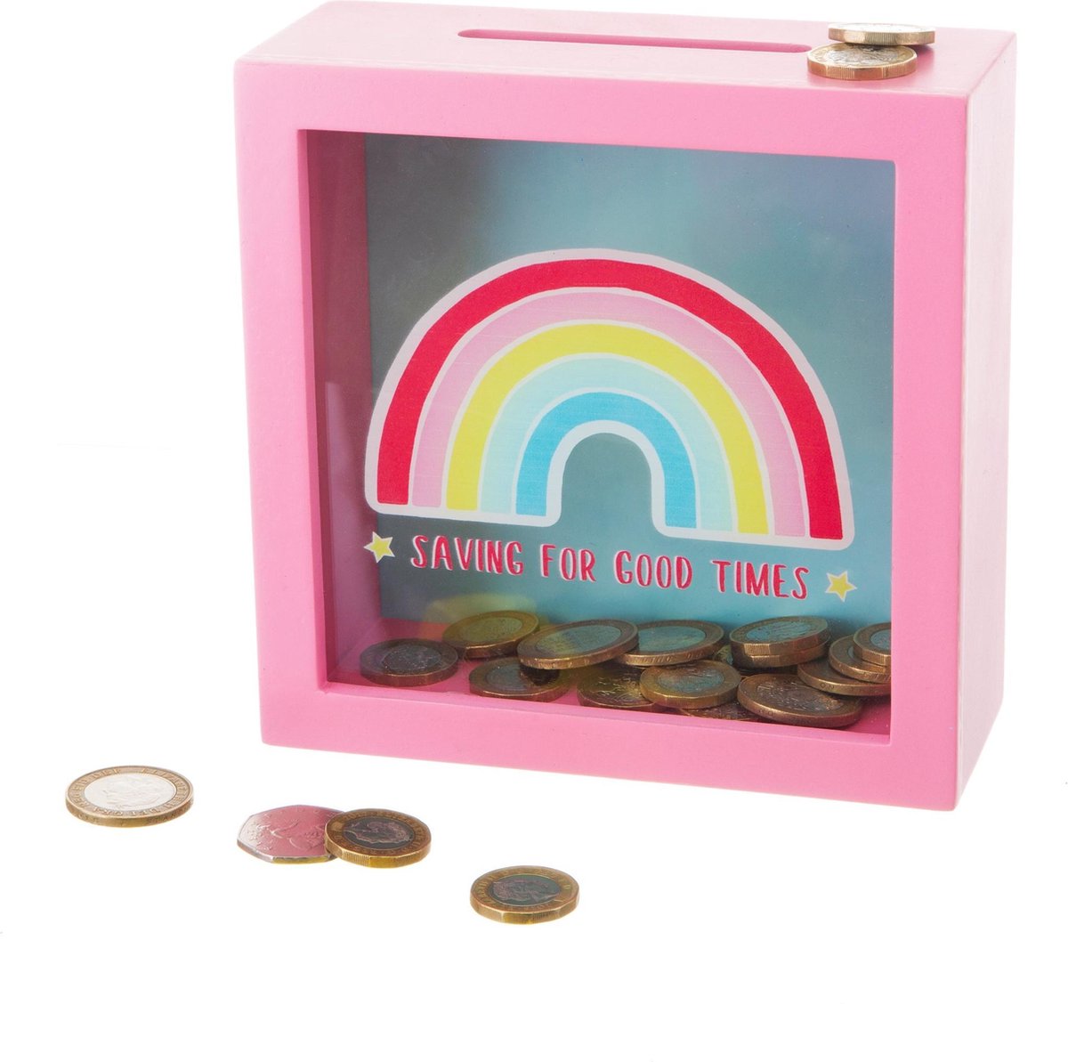 Roze spaarpot rainbow regenboog opdruk 'saving for good times' money box Sass & Belle