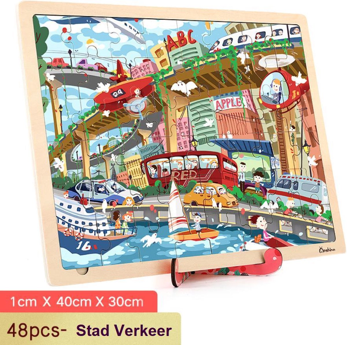 Onshine - 48 stukjes hoge kwaliteit lasergesneden houten puzzel met een leuke standaard - Stad Verkeer - kinderpuzzel verkeer inclusief auto
