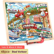 Onshine - 48 stukjes hoge kwaliteit lasergesneden houten puzzel met een leuke standaard - Stad Verkeer - kinderpuzzel verkeer inclusief auto