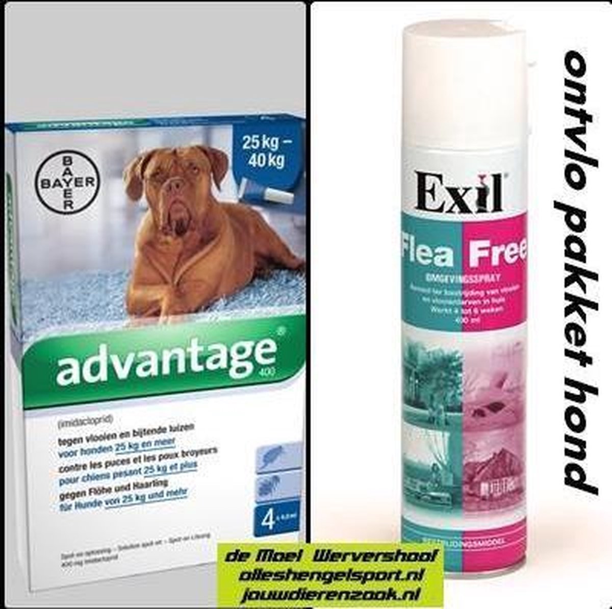 vlooien pakket voor de hond van 25 kg en zwaarder - Exil flea free omgevingsspray + 4 pipetten advantage hond 400