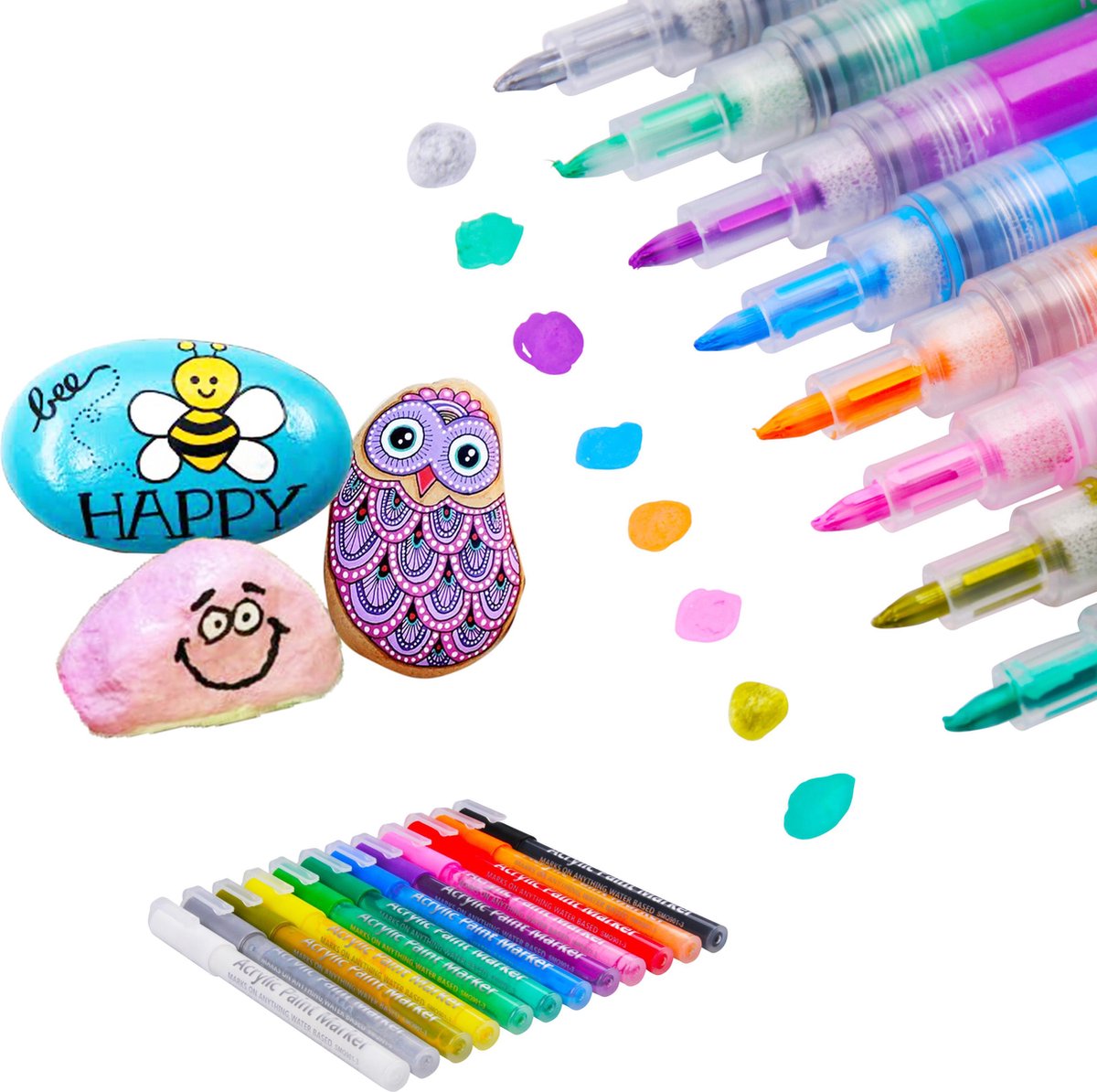 Stiften - Verfstiften - 0.7 tip - Acryl stiften - Happy Stones - 12 kleuren - Acrylverf