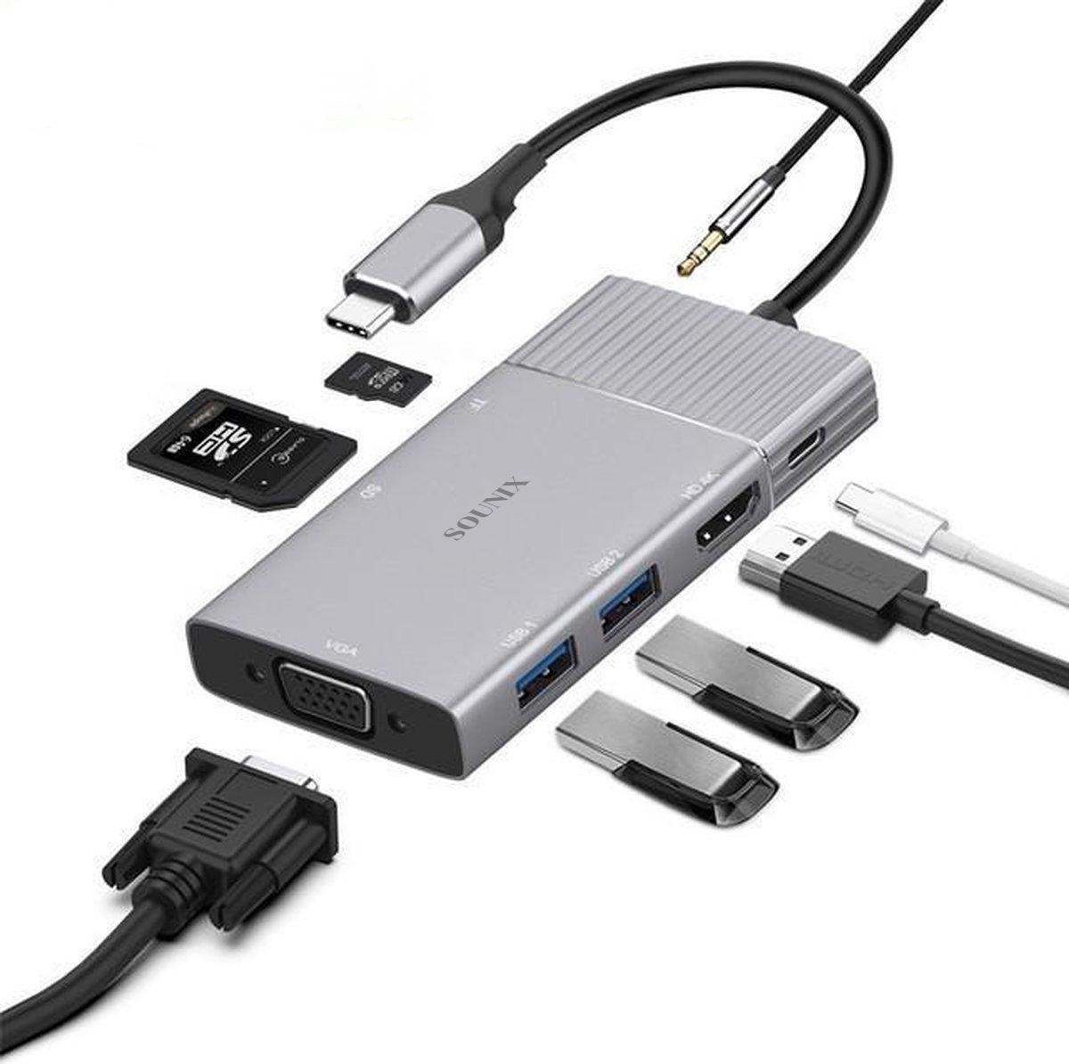 Sounix 7 in 1 USB HUB - USB-C Hub Adapter - Type-C naar 4K UHD HDMI / VGA Converter - Thunderbolt 3 - USB 3.0
