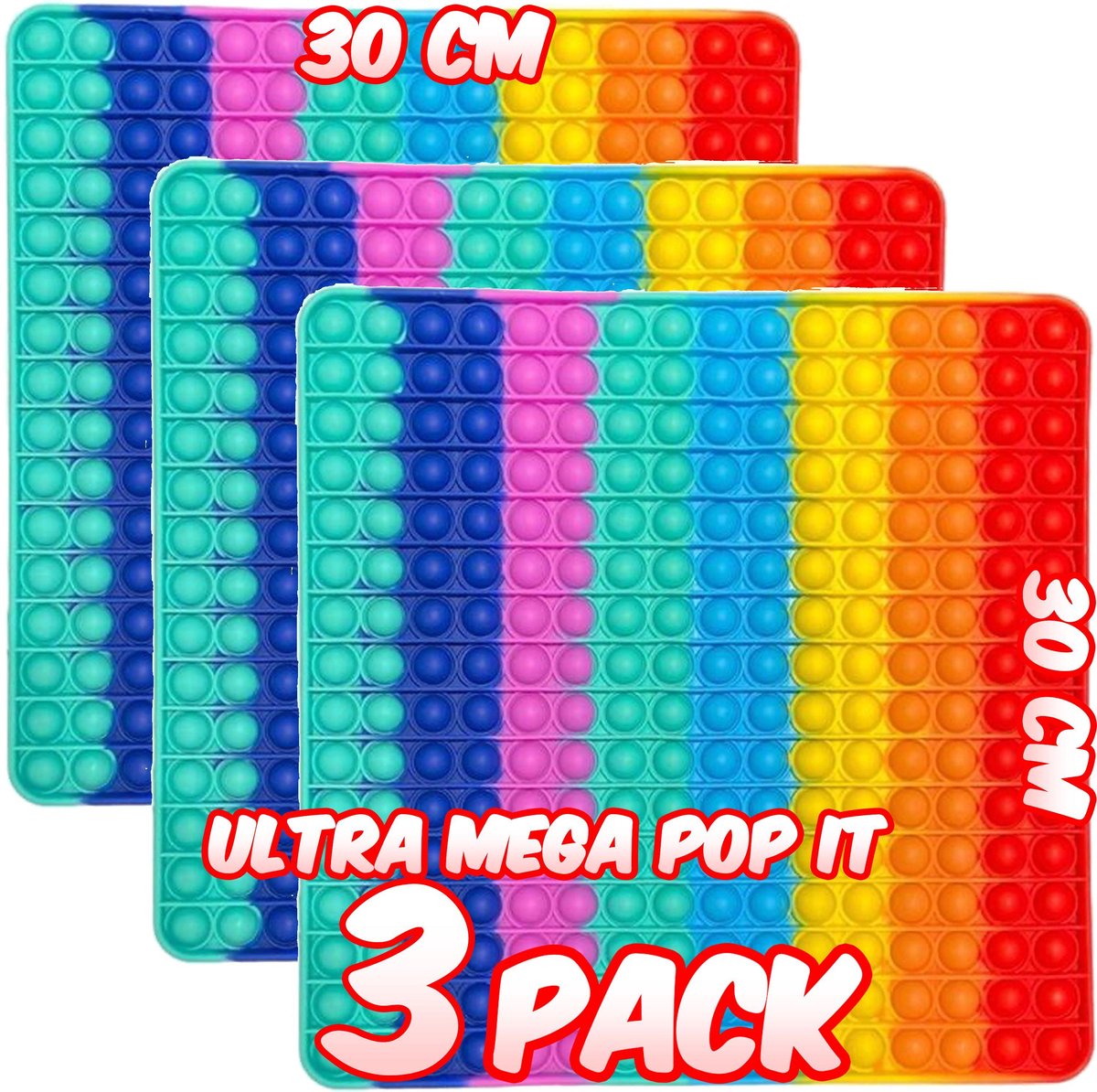 Ultrasativa® - 3 Pack - Pop It XXL - Pop It - 30X30 - Mega Pop It - 3 Pop It Mega Groot - Vierkant - Regenboog - Regenboog Pop It - Fidget - Fidget Toys - Tiktok Trend -