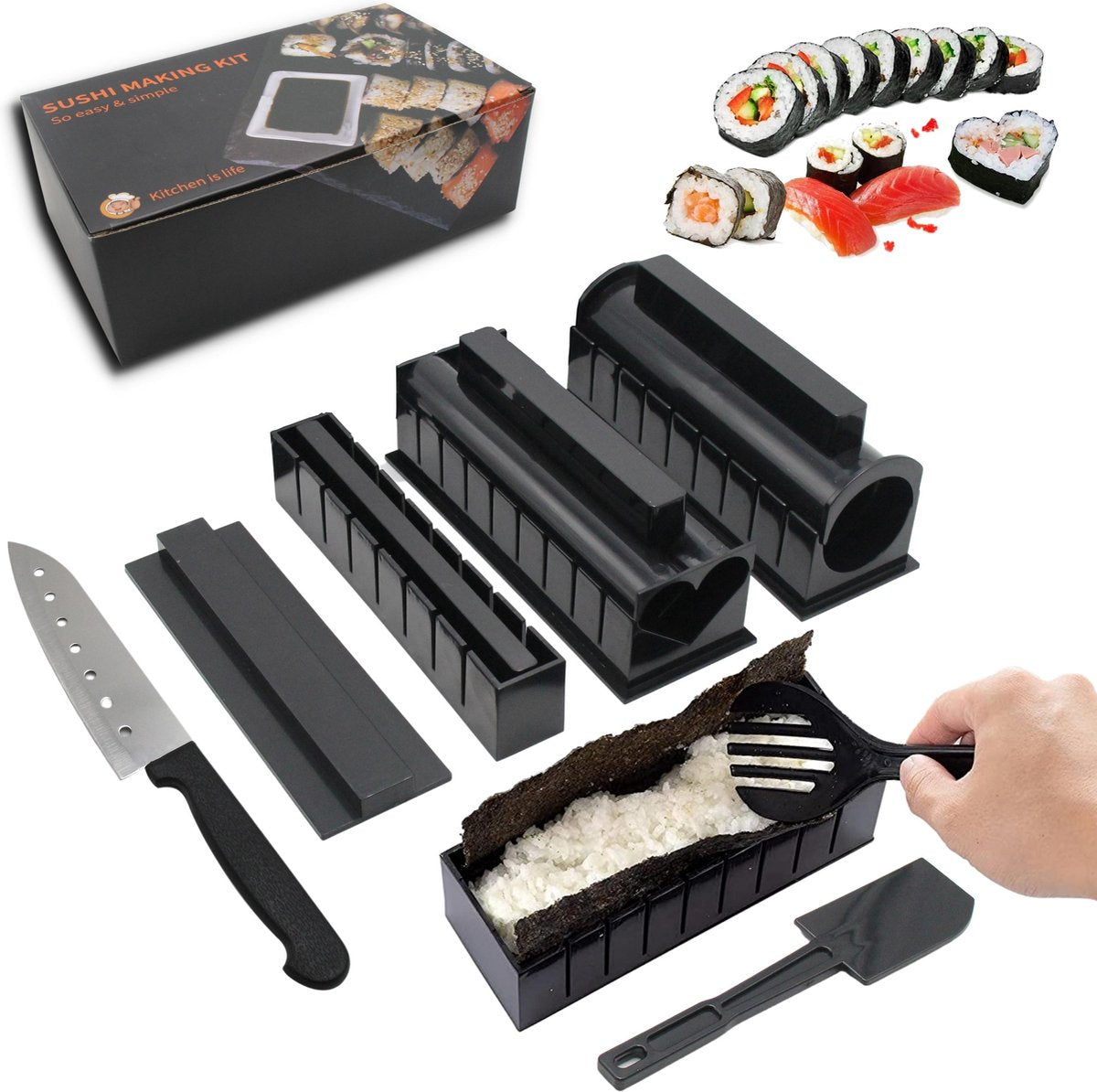 Kendom – All-in-one Sushi Maker – 11 Delige Set – Sushi Servies - Starter Kit – Inclusief Japans Keukenmes – Zelf Sushi Maken
