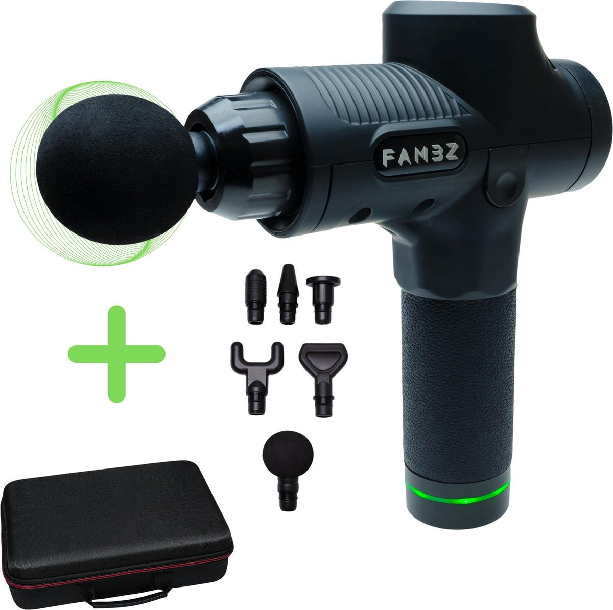 Epic Fambz Massage Gun (Carbon Zwart) - Inclusief Luxe Draagkoffer - 30 Verschillende Standen & 6 Diverse Opzetstukken - 2400mAh Batterij voor 6 Uur Gebruik - Tegen Spierpijn / Chronische Pijn / Blessure Spierherstel - Spierstimulator Massageapparaat