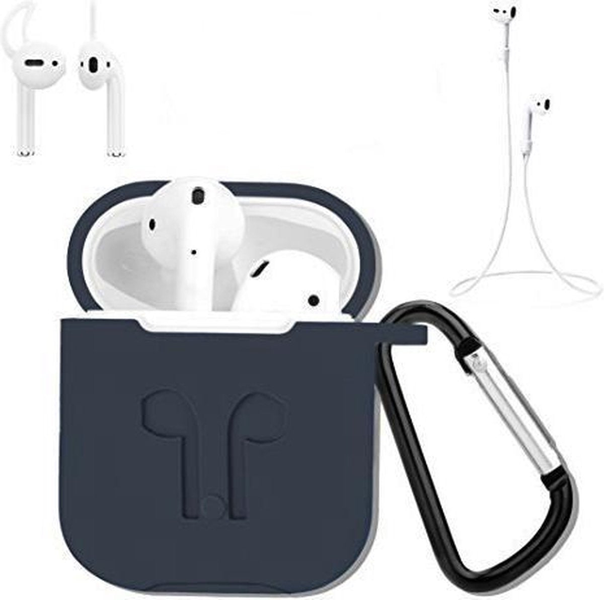 3 in 1 set! Hoesje voor Airpods siliconen case cover beschermhoes + strap + earhoox - navy blauw
