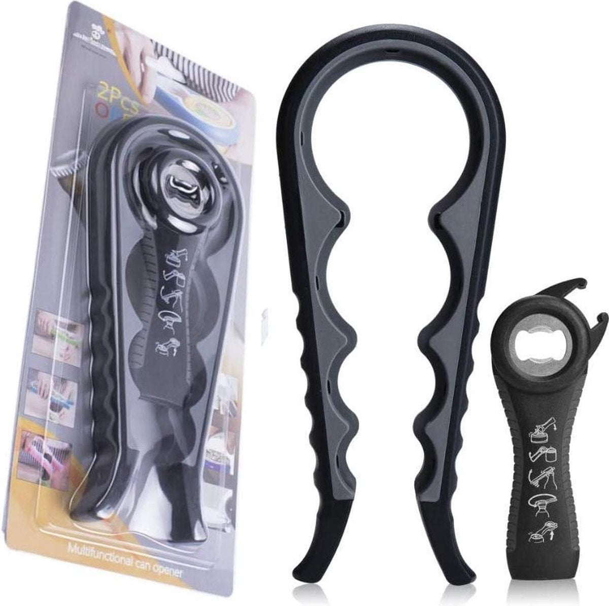 BOTC Alles in 1 Opener - Flesopener - Blikopener - Potopener - Reuma Hulp-Multi Grip Opener - zwart