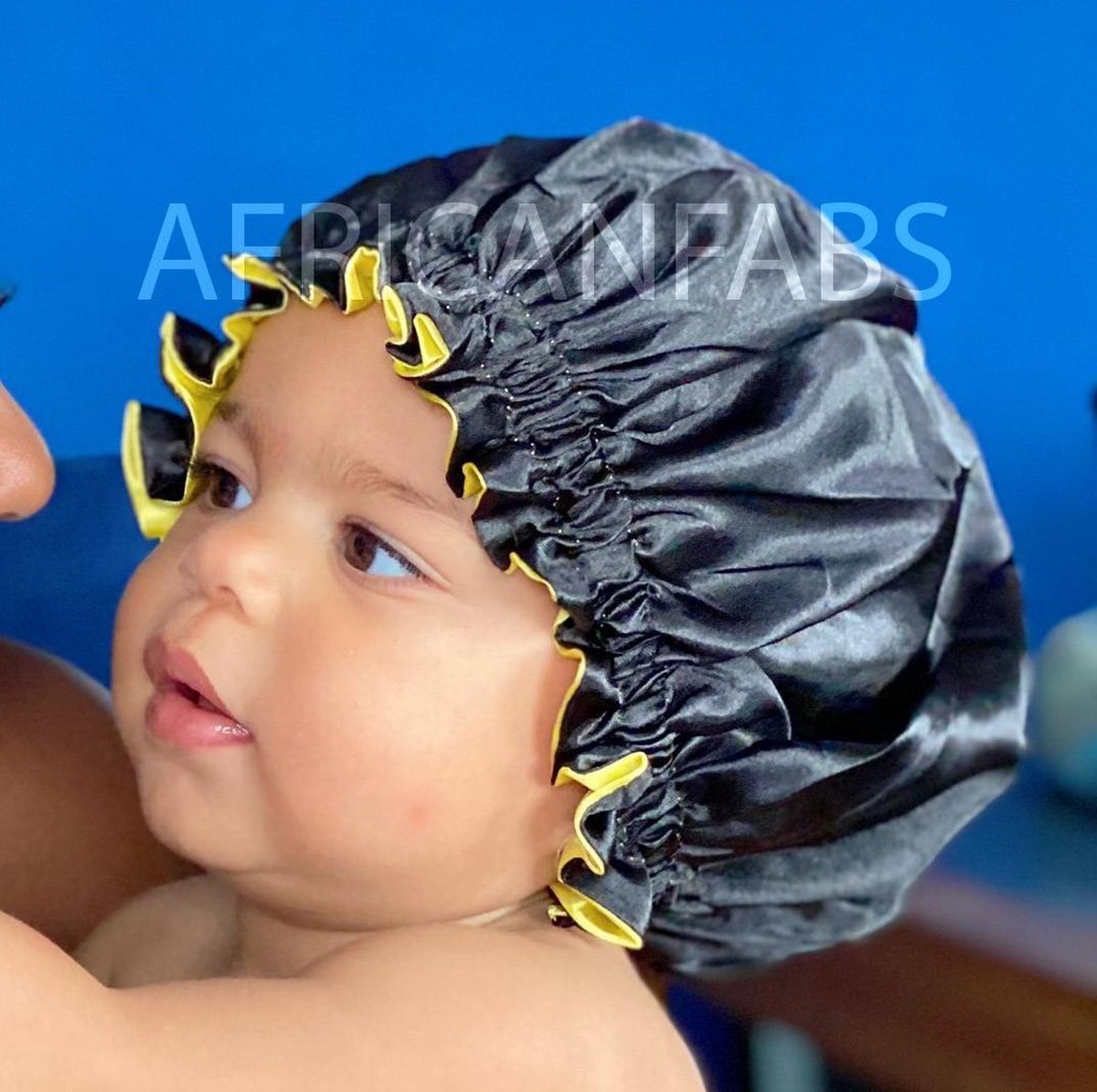 Afabs® Zwarte / Gele Satijnen Slaapmuts ( Kindermaat 3-10 jaar ) / Kinder Hair Bonnet / Haar bonnet van Satijn / Satin bonnet