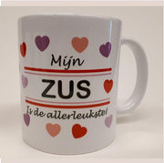 Witte mok met hartjes Mijn zus is de allerliefste