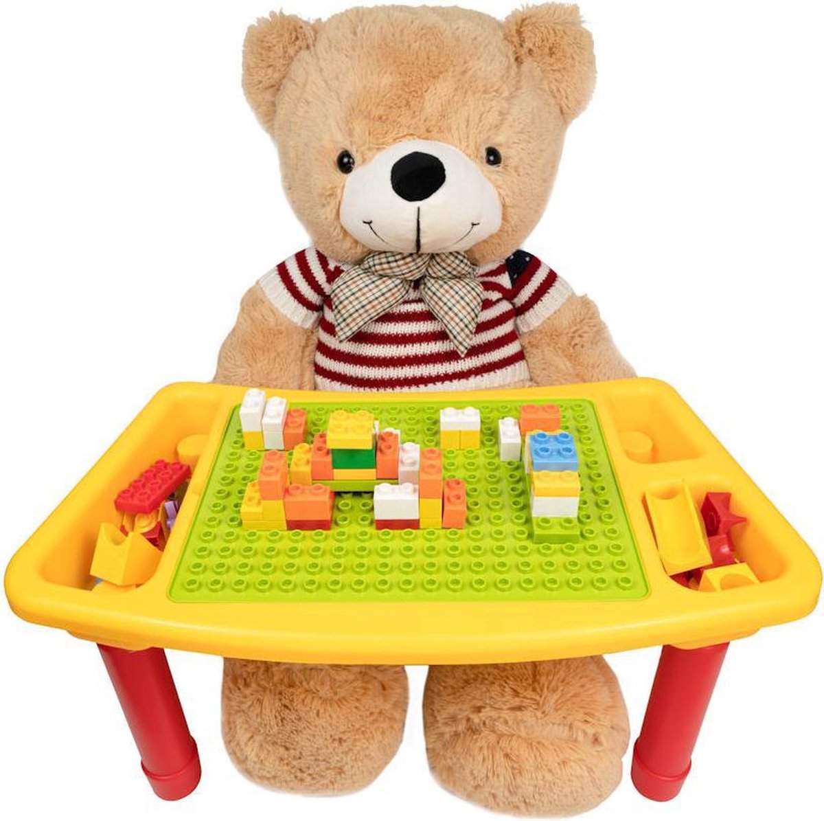 Decopatent® - Kindertafel Bouwtafel - Speeltafel met bouwplaat (Voor Duplo® blokken) en vlakke kant - 3 Vakken - Met 90 Bouwstenen
