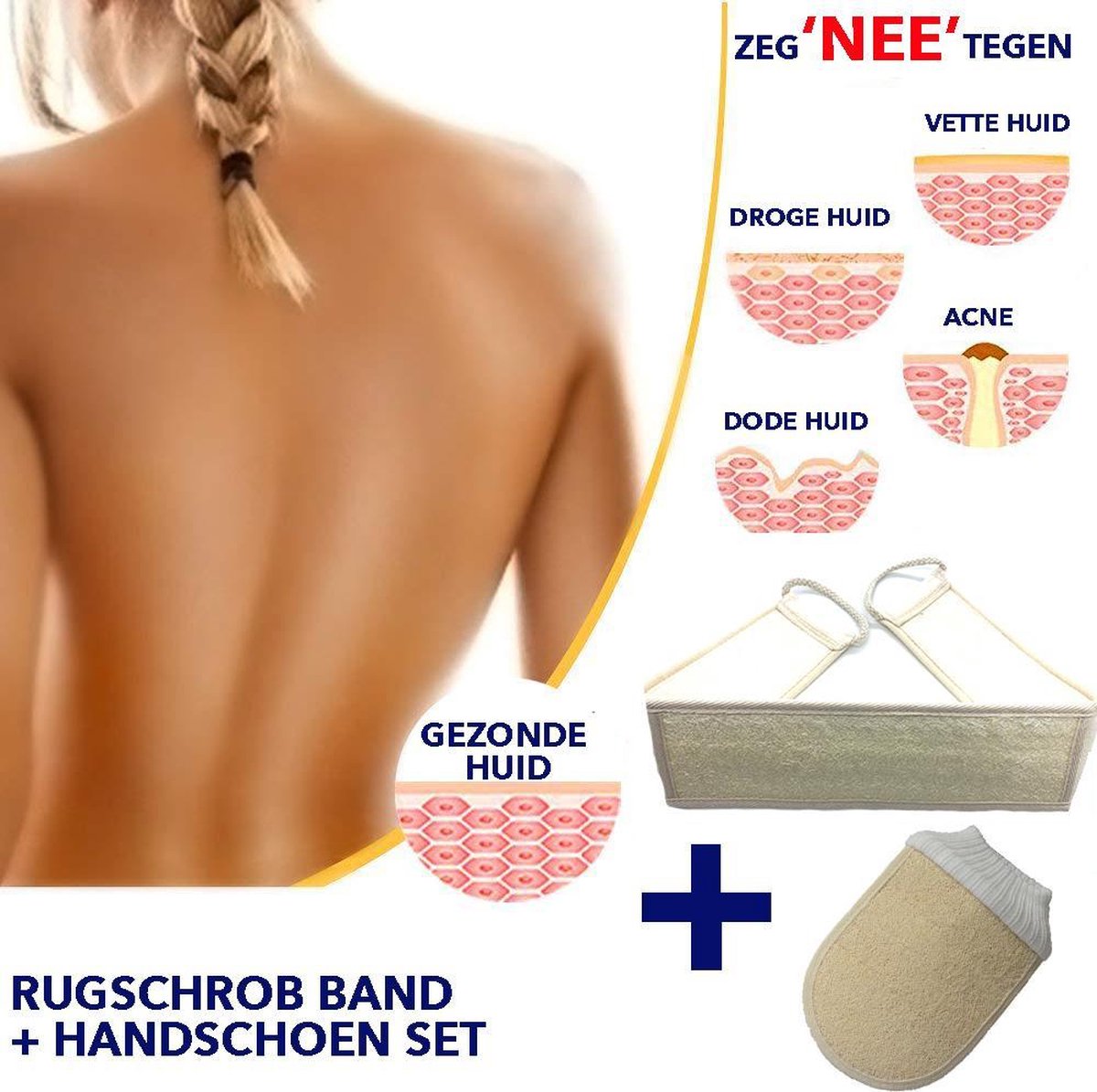 Rugschrobbende rugband + handschoen voor douche of bad. Exfoliërende en diepe reiniging. Sterke handvatten aan de achterkant schuurband