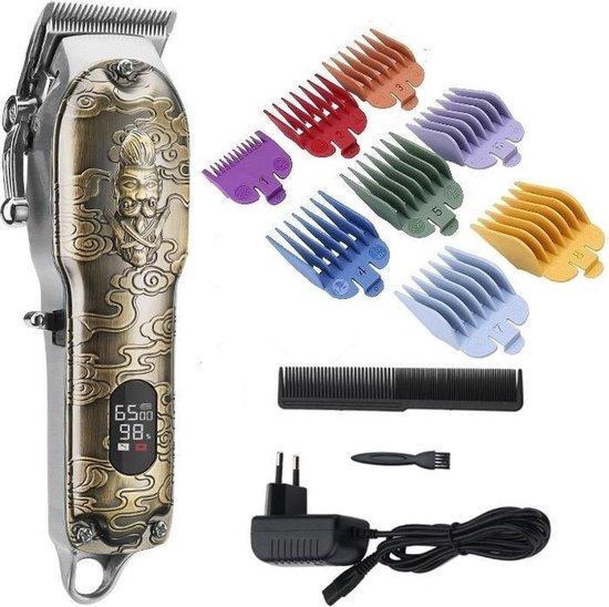 NTRONIC – Luxe Tondeuse met Display – LCD - Professionele Trimmer - Groomer - Scheerapparaat - Baardtrimmer - Precisietrimmer - Haarstyling - Haartrimmer - Draadloos - USB Opladen – Contouren – Bakkebaarden - Inclusief 8 opzetkammen - Goudkleurig