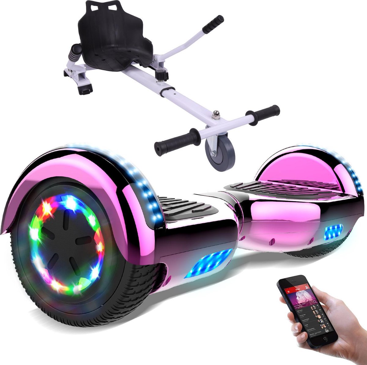 Evercross Hoverboard 6.5 Inch | Flits Wielen | Bluetooth Speaker | LED verlichting | Roze Chroom + Hoverkart Wit