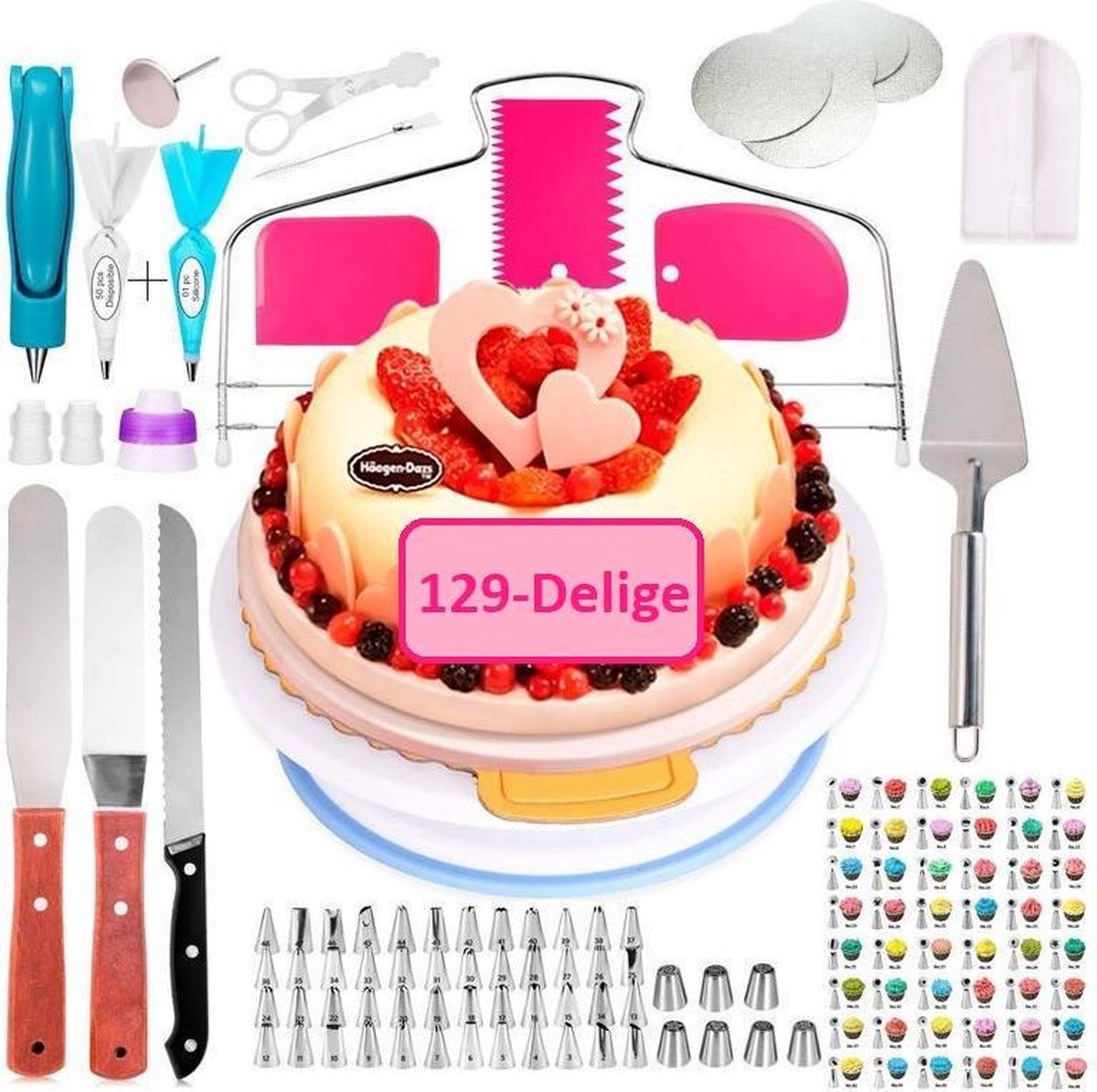 Taart en Cake Decoratie Set – Taart Bakken Accessoires Set – Taartversiering - Draaiplateau - RVS Spuitmondjes - 129 Delige