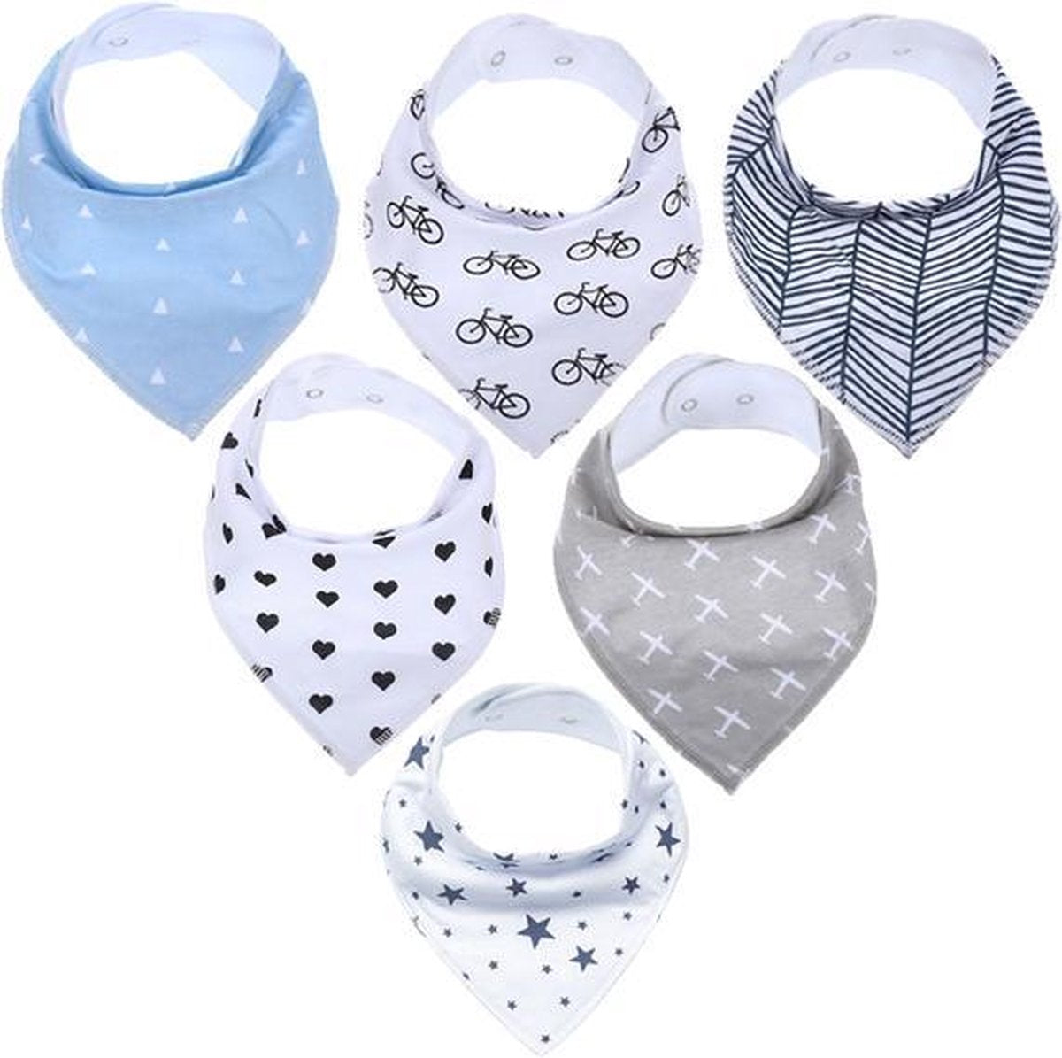 JillyBee - Slab - Slabbetje - Slabber - Bandana - 6pack - Hartjes -Sterretjes - Vliegtuigjes - Fietsen - Driehoek - Strepen - Blauw - Zwart - Wit - Beige