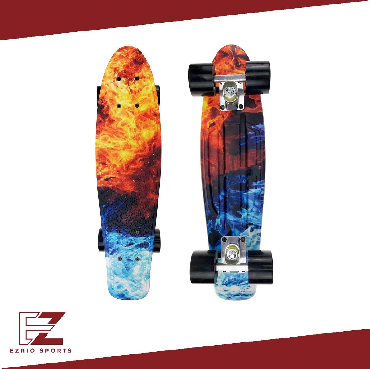 EZRIO SPORTS – Penny Board – Pennyboard – Skateboard – Longboard – Voor Meisjes en Jongens – Water – Vuur – 22 inch – Blauw – Oranje – Rood
