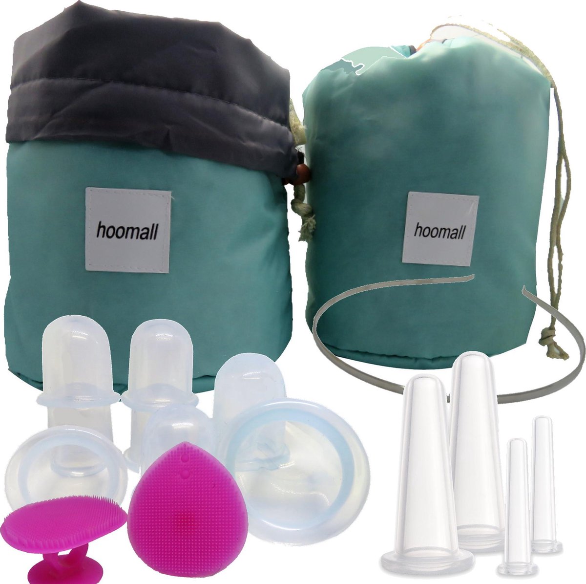 B&P Cupping set massage set - lichaam en gezicht - 12 cups. + gezichtsborstels en diadeem in tasje - cellulite cups - cupping cups - cellulite cups