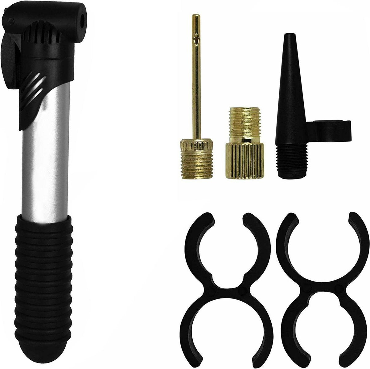 Fietspomp - Mini fietspomp - Reserve fietspomp voor onderweg - Zwart Zilver - Fietsventiel verschillend - Adapter set fietsventiel 3 stuks