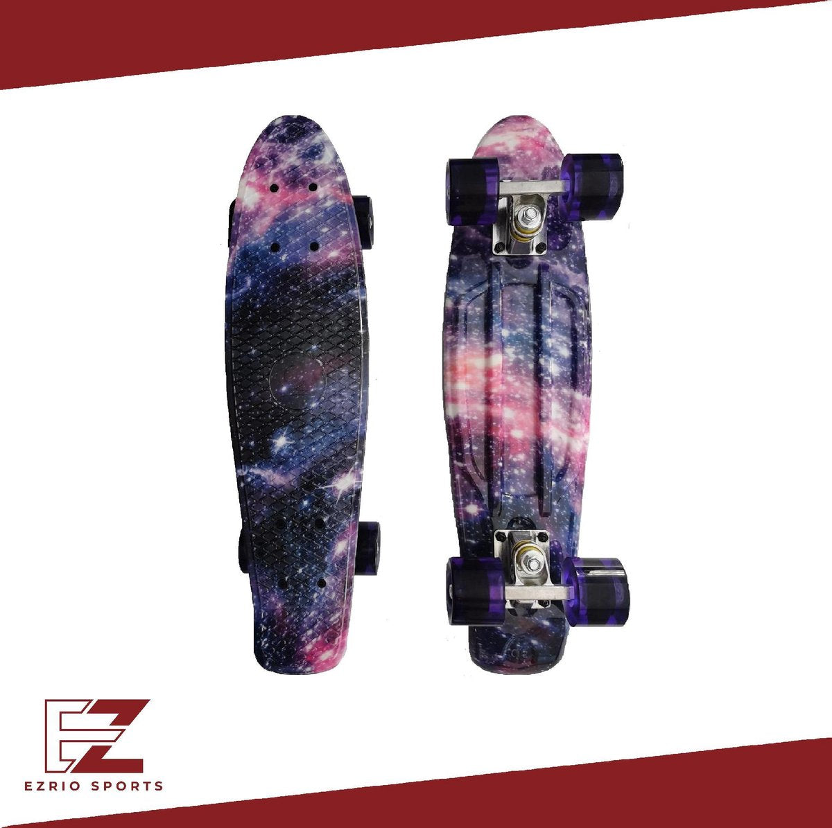 EZRIO SPORTS – Skateboard – Long Board – Cruiser Skate Board – Board voor Meisjes en Jongens – Vuurwerk Print – 22 inch – Roze – Paars – Zwart